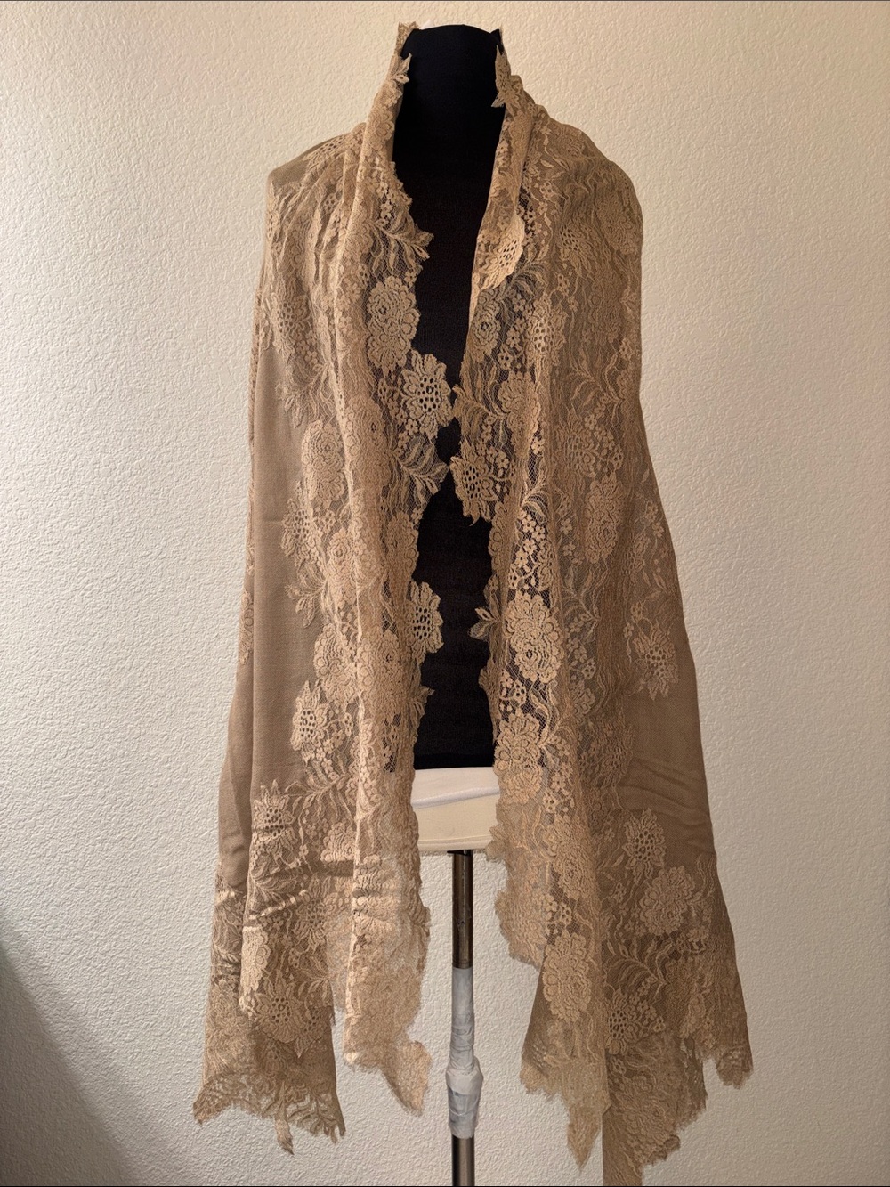 Bohemian Cashmere ShawlWrap in Taupe with Delicate Lace Trim